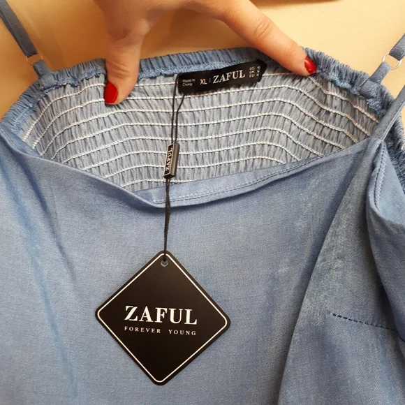 ZAFUL Chambray Smocked Back Mini Cami Dress in Light Blue - Picture 12 of 14